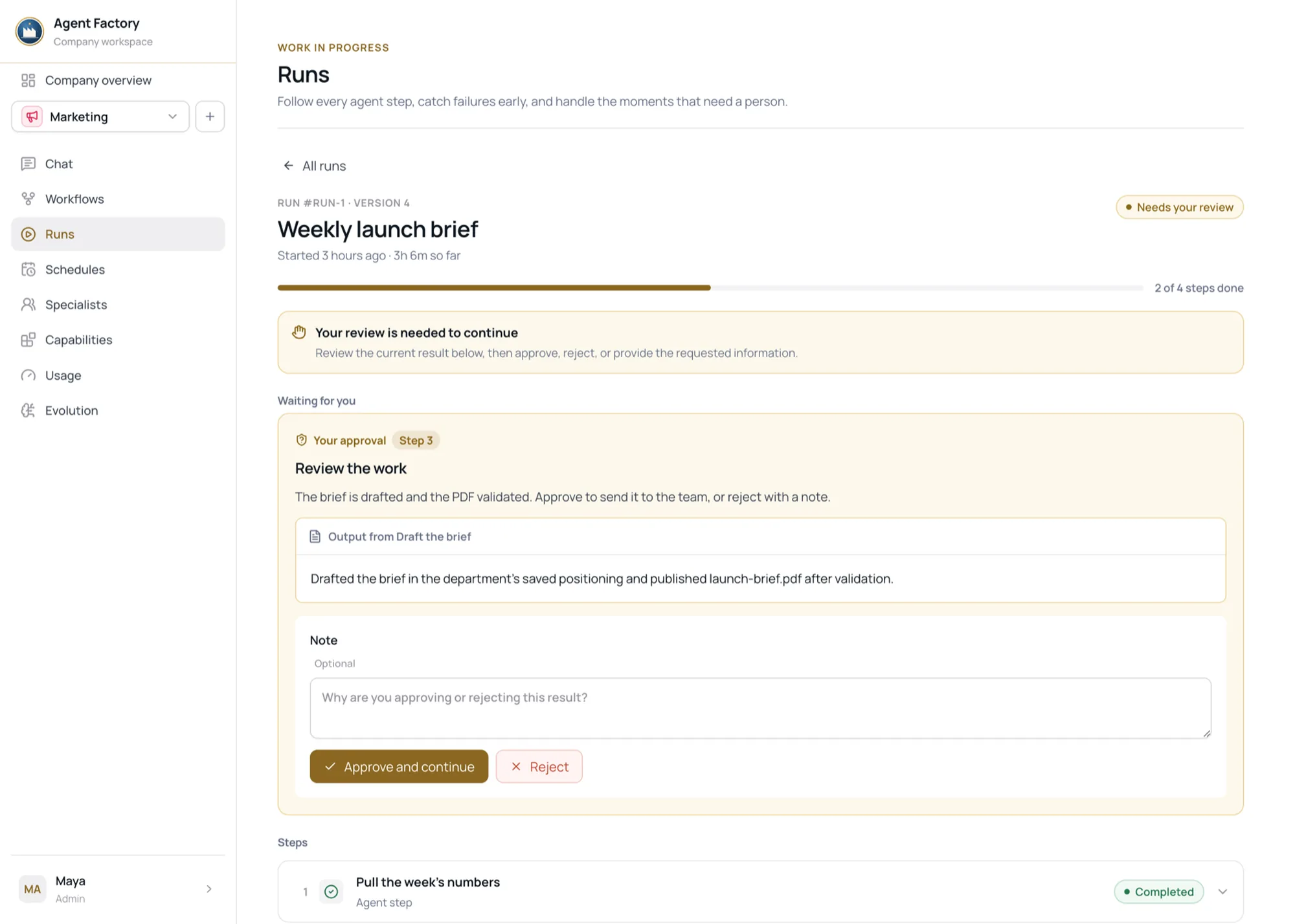The Runs workspace in Agent Factory showing a workflow run held at an approval step, with the drafted output to review and Approve and continue or Reject controls.